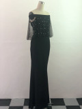 Plus Size Black Off The Shoulder Beaded Mesh Cape Evening Gown 3200
