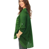 Roll Tab Sleeve Lace Panel Chiffon Blouse Green 7238
