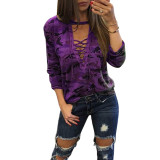 Lace Up Camouflage Long Sleeve T Shirt 3107