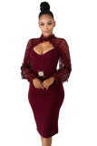 Lace Sleeve Party Dress With Belt 3249