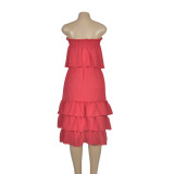 Two Piece Ruffle Layer Top And Skirt Red 1859