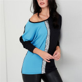 Color Block Long Sleeve T Shirt Blue 7424