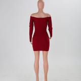 Off Shoulder Button Front Bodycon Dress Wine Red 2383