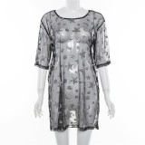 Women Glitter Star And Moon Sheer Shirt Dress 1733462