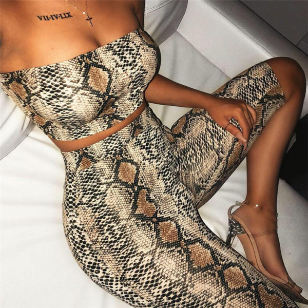 Snake Print Two Piece Crop Top Outfits 1732778