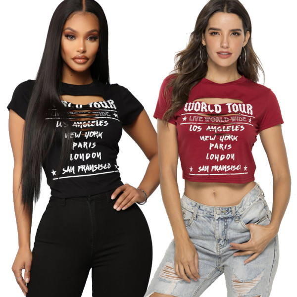 Letter Print Ripped Crop Top T Shirt 19189