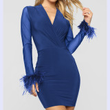 Feather Mesh Long Sleeve Party Dress Evening 2323