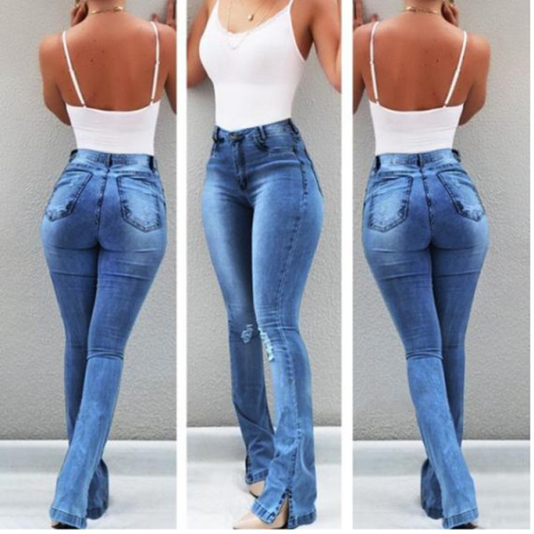 Slim Fit Bell Bottom Jeans With Slit Hem 655