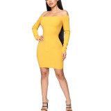 4 Colors Off Shoulder Long Sleeve Simple Dress 2465