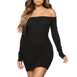 4 Colors Off Shoulder Long Sleeve Simple Dress 2465