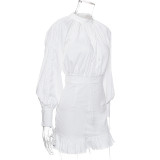 Ruffle Long Sleeve White Dress 8092J