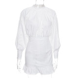 Ruffle Long Sleeve White Dress 8092J