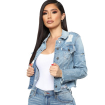 Ripped Women Denim Jacket With Fringe 6107
