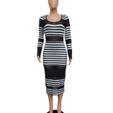 Mesh Insert Striped Bodycon Midi Dress 2476