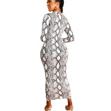 Two Way Snake Print Long Sleeve Bodycon Midi Dress 2475