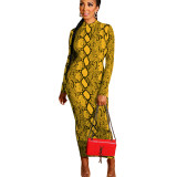 Two Way Snake Print Long Sleeve Bodycon Midi Dress 2475