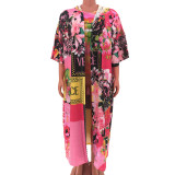 Floral Print Long Kimono Cardigan With Hood 8046