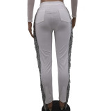 Sequined Fringe White Pants For Women 8151