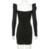 Black Puff Sleeve Ruched Bodycon Dress 1735130