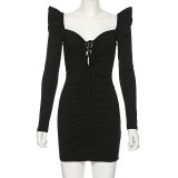 Black Puff Sleeve Ruched Bodycon Dress 1735130