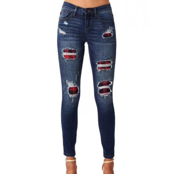 Skinny Jeans With Plaid Patch 0335