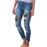 Light Blue Skinny Jeans With Leopard Patch 0321