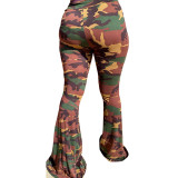 Camouflage Print Flare Pants High Waist 5287