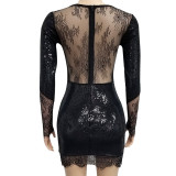 Lace Panel Sequined Black Dress Elegant 3301