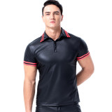 Sexy Leather Short Sleeve Men Shirt 6030