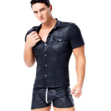 Sexy Leather Short Sleeve Men Tops Shirt 6024