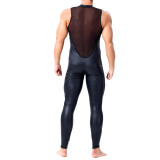 Black Sheer Mesh Leather Splice Men Jumpsuit Lingerie 6035