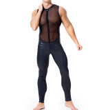 Black Sheer Mesh Leather Splice Men Jumpsuit Lingerie 6035