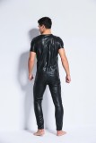 Black Sheer Mesh Leather Splice Men Tops 6728