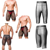 Sexy Sheer Mesh Leather Splice Men Shorts 6021