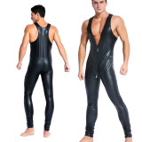 Zipper Front Faux Leather Sleeveless Men Jumpsuit 6731