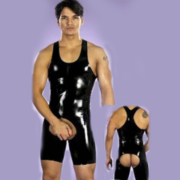 Zipper Front Men PVC Leather Bodysuit with Open Crotch 1201