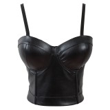 Black Sexy Leather Women Top 929