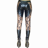 Sexy Tie Front Lace Leather Splice Leggings 666
