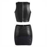 PU Leather Crop Top And Skirt Sets (TW1329+1331)