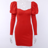 Puff Long Sleeve Bodycon Dress In Black Red 93558