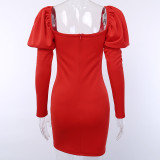Puff Long Sleeve Bodycon Dress In Black Red 93558