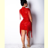 Fringe Sequin Dress Party Women In Black Red Apricot 8033