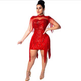 Fringe Sequin Dress Party Women In Black Red Apricot 8033