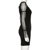 Sheer Puffy Sleeve Black Dress 1735362