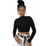 Black Lace Up Back Long Sleeve Crop Top 1735766