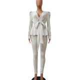 Bow Tie Office Blazer And Pants For Woman 639