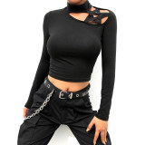 Long Sleeve Black Hollow Out Crop Top NW3713W11