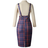 Fitted Plaid Suspender Skirt And Slim Shirt D039L