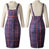 Fitted Plaid Suspender Skirt And Slim Shirt D039L
