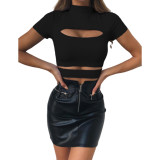 Mock Neck Slim Hollow Out Crop Top Sexy 5631